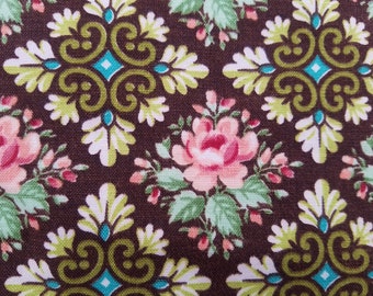 Vintage Floral Geometric Fabric, Pink Roses on a Dark Brown Background Floral, Pink, Aqua, Green, Drapery, Pillow, Upholstery Fabric
