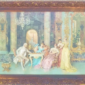 Vintage Print After The Famous Painting &quot;Chess Game&quot; by Italian Artist FRANCESCO BEDA, Large Gold Gilded Gesso Wood Framed Litho/Print