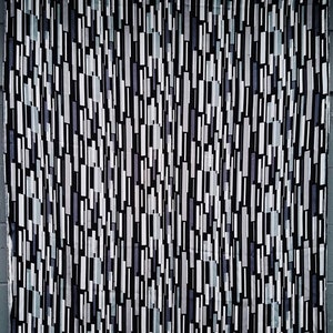 May include: Black and white fabric with a geometric pattern of vertical lines and rectangles. The fabric has a subtle sheen and a smooth texture.