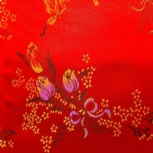 Red Satin Brocade Chinese Fabric Chinese Design Satin Jacquard Fabric, Faux Silk, Polyester Red Floral Brocade Jacquard Fabric