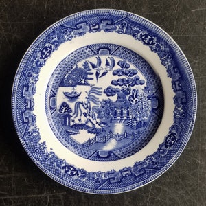 Vintage Blue Willow Transferware Plate by Staffordshire W Adams & Co. Blue Willow, English Pottery Blue and White Luncheon Plate