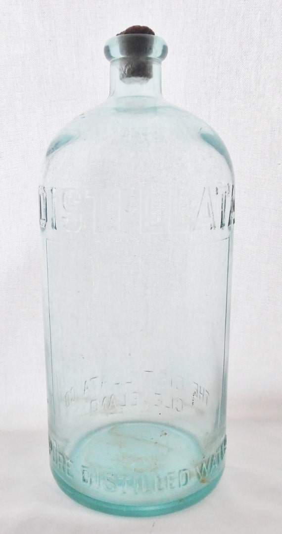 Vintage, Blue Glass, Bottle, Apothecary, Pharmacy, Medicine, The Distillata Co, Cleveland, Pure Distilled Water, Embossed Lettering