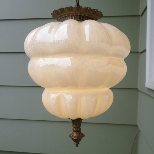 Vintage, 1960's, Swag Light, Opalescent Glass, Antique Brass, Hollywood Regency, Lighting, Hanging Light, Chandelier, Pendant Light, Fixture
