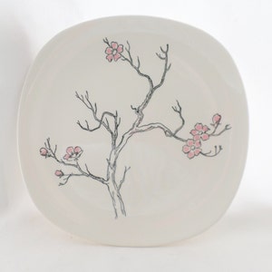 1950&#39;s, Vintage, Dinner Plate, Knowles, Rose Tree, K 1011, Pink, Black, Asian, Flowers, Set of 2, Serving,  Square, Dogwood Branch, Plate