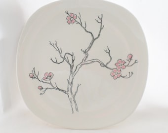 1950's, Vintage, Dinner Plate, Knowles, Rose Tree, K 1011, Pink, Black, Asian, Flowers, Set of 4, Serving,  Square, Dogwood Branch, Plate