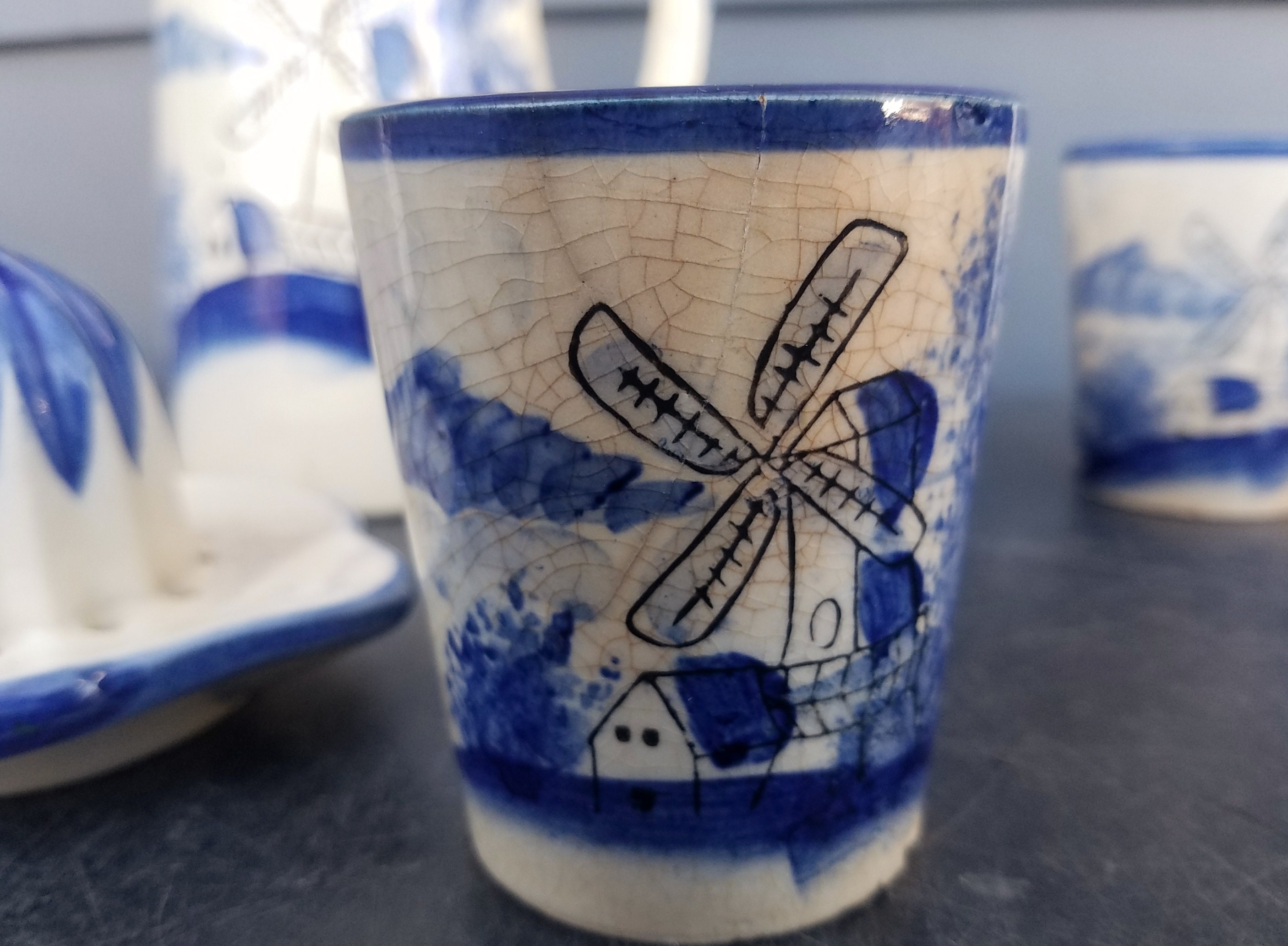 Vintage Blue and White Windmill Juice Set Pitcher Glasses