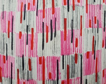 Vintage Geometric Silky Rayon Fabric Mod Print in Pink, Grey, Red, and Black, Retro, 1970's