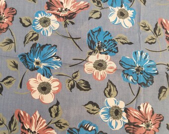 Poppy Fabric, Floral Fabric, Home Decor Lightweight Cotton Fabric, Blue, 3.6 Yards