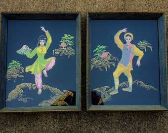 Vintage Asian Boy and Girl Lithograph Prints, a pair, Dancing, Paint by Number Look, Black wooden frames trimmed in gold