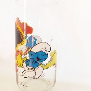 Vintage 1982 Smurf Glass, Jokey Smurf, Peyo 1982 Licensed Cartoon, Tumbler, Glassware, Blue, Brown, White, Red
