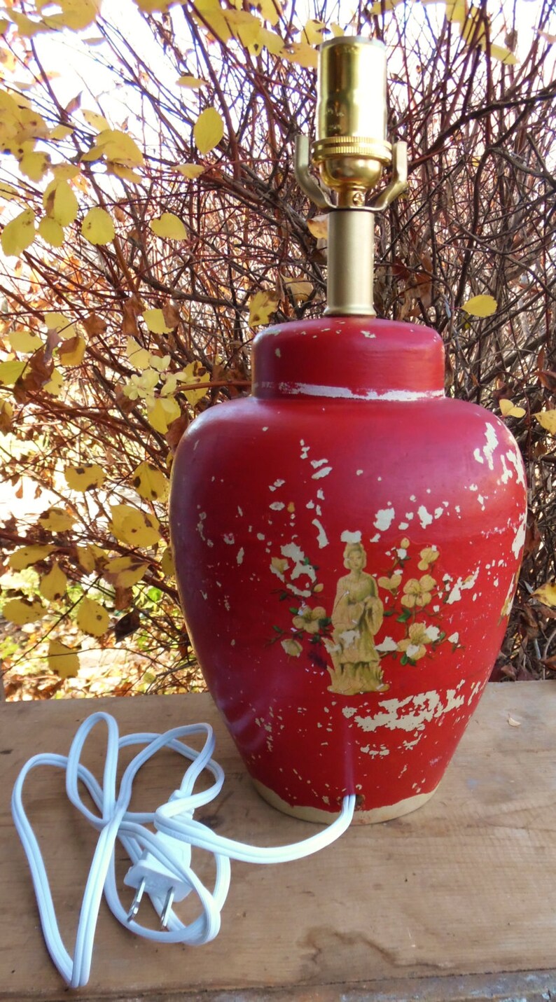 Vintage Ginger Jar Pottery Lamp Painted Red Mid Century Etsy