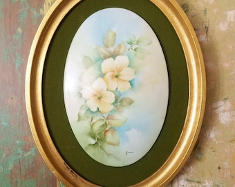Vintage Limoges Porcelain Floral Wall Plaques, Floral Limoges Hand Painted Signed Jean, French, Wood Gilded Frame Velvet Matting, Framed