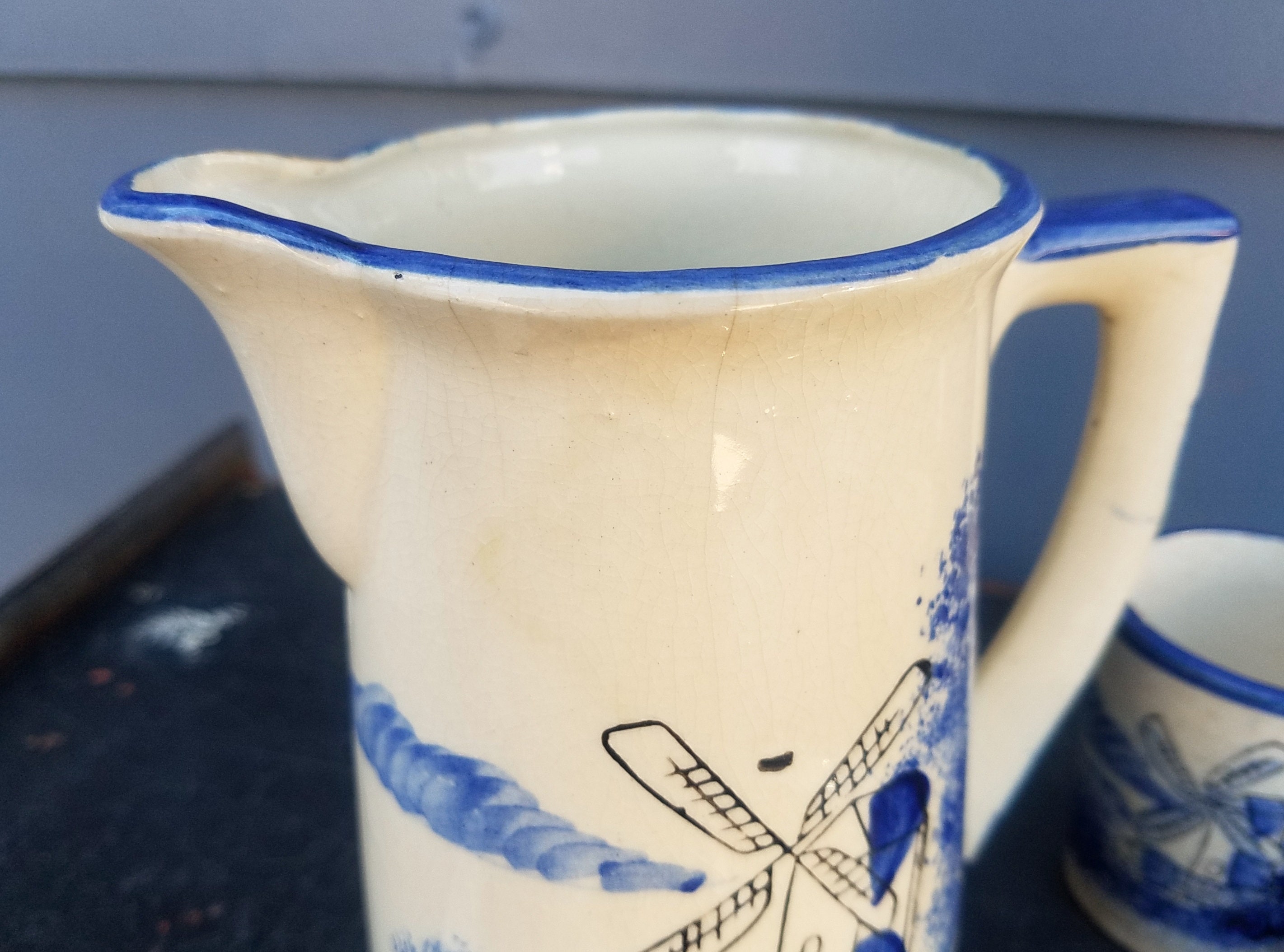 Vintage Blue and White Windmill Juice Set Pitcher Glasses
