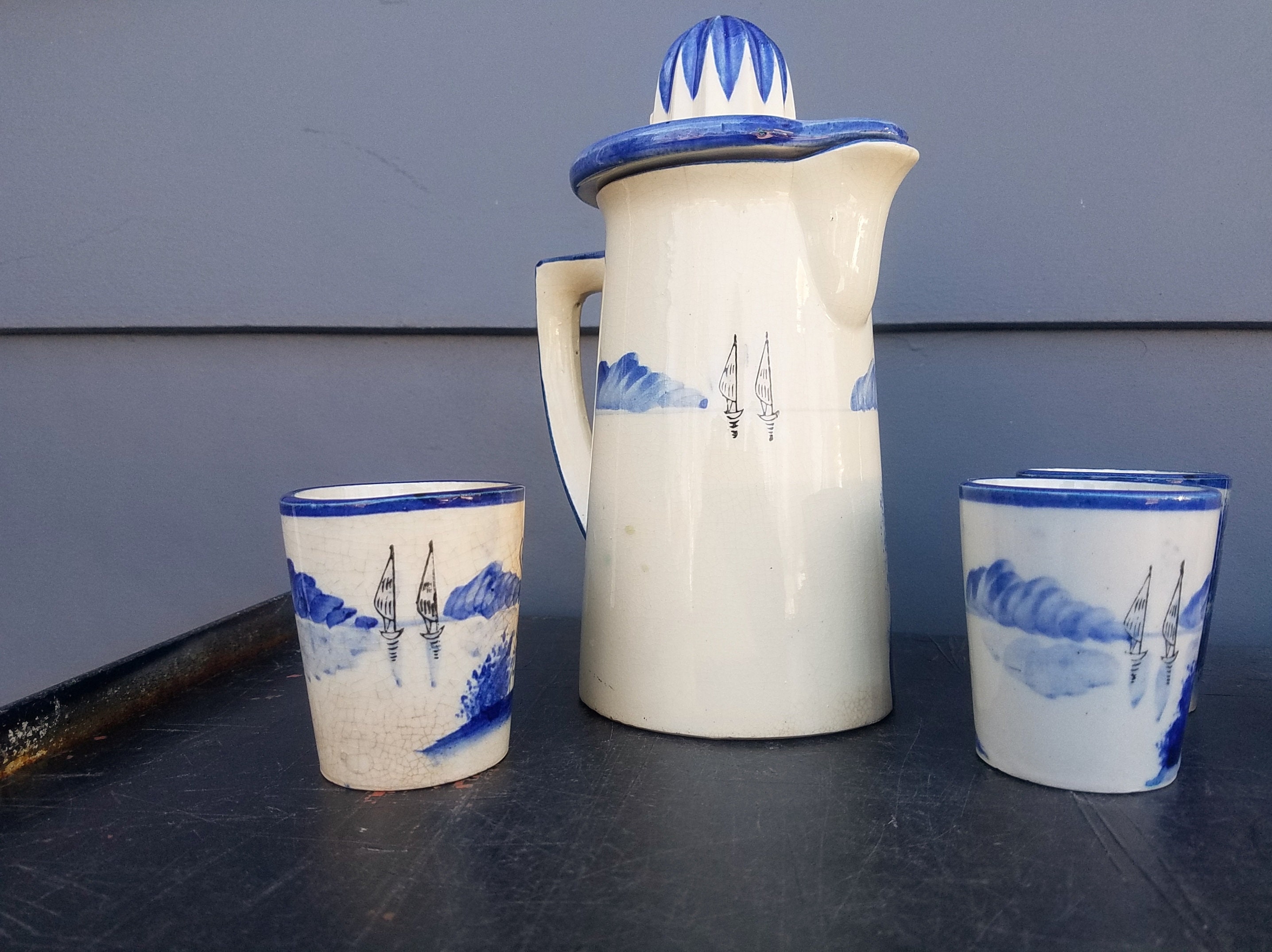 Vintage Blue and White Windmill Juice Set Pitcher Glasses