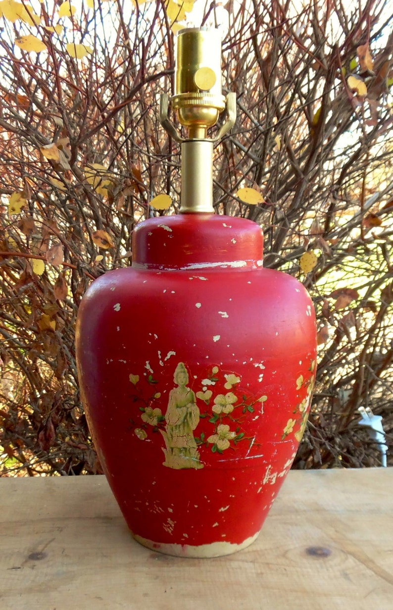 Vintage Ginger Jar Pottery Lamp Painted Red Mid Century Etsy
