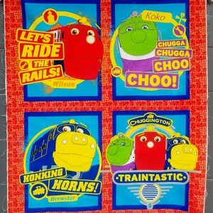 CHUGGINGTON TRAIN Fabric Pillow Panels or Quilt Top Fabric, Novelty Print Fabric