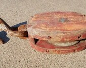 Vintage Large Antique Primitive Nautical.Block And Tackle Wooden And Cast Iron, Pulley, Industerial, Red, Orange,Rust, Cottage Chic