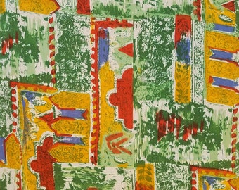 Vintage Mid Century Modern Abstract Print Charmeuse Fabric Fashion and Apparel Cotton Poly Blend in Yellow Green Blue Red