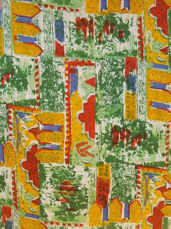 Vintage Mid Century Modern Abstract Print Charmeuse Fabric Fashion and Apparel Cotton Poly Blend in Yellow Green Blue Red