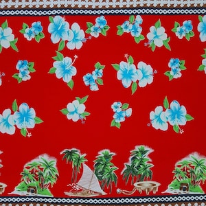 Vintage Hawaiian Polynesian Border Print Fabric, Tribal Design, Floral, Palm Trees, Hibiscus, Cotton Print, Tropical, Sailing, Red