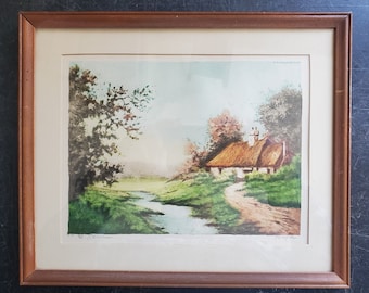 Vintage Landscape Lithographic Print, Framed 1950's