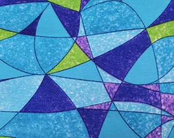 Vintage geometriskt silkeslent rayontyg Mod-tryck i blått, lila och grönt, retro, 1970-tal