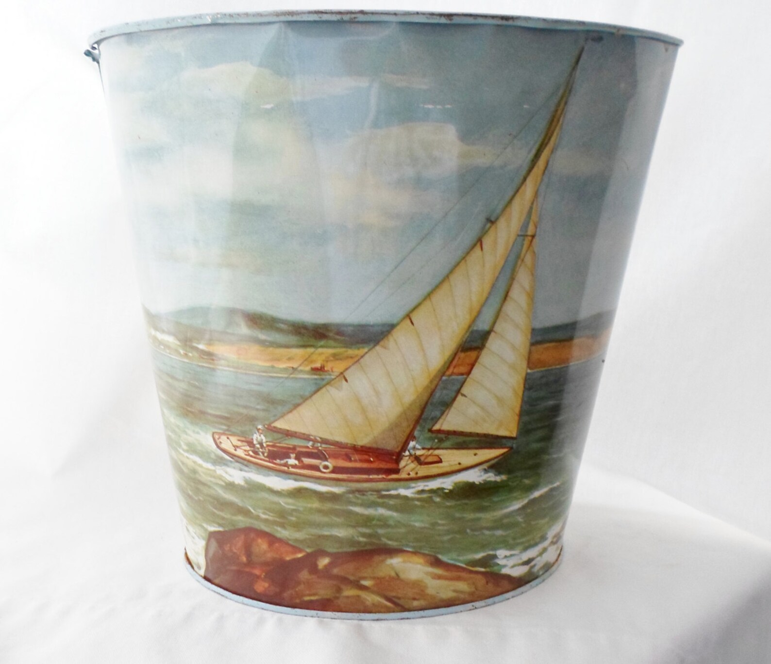 Vintage Nautical Tin Trash Can Sailboat Sailing Sea Etsy