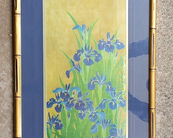 Vintage Watercolor Painting Iris Floral Asian Academy Arts Watercolor Painting or Print Faux Bamboo Frame