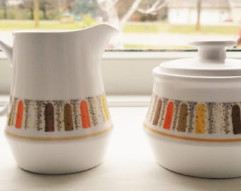 Vintage 1970'S Noritake Progression Mardi Gras 9019, Cream and Sugar Set , Made In Japan,Orange, Brown, Yellow, Tan, Mod, Retro