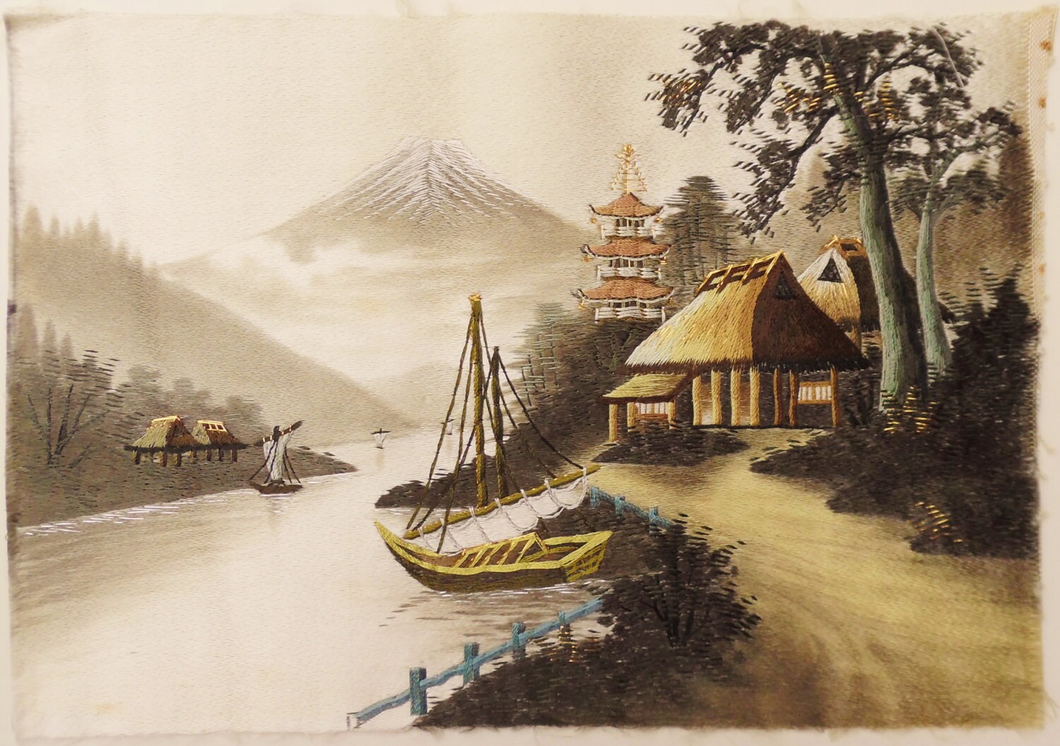 Vintage Asian Silk Art Japanese Hand Embroidered Silk Thread Etsy