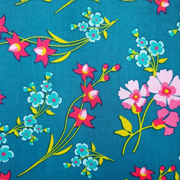 Floral Quilting Fabric High Society by Modkid studio for Jo-Ann Fabrics, 100% Cotton, Turquoise, Pink, Blue, Yellow, Mask Fabric