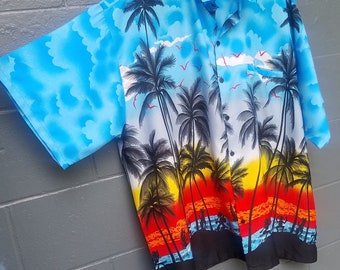Vintage Hawaiian Shirt, Made by Rima, Tropical Men's 2XL Casual Shirt Hawaii Short Sleeve Surf Summer, Palm Trees, Island, Blue, Aloha