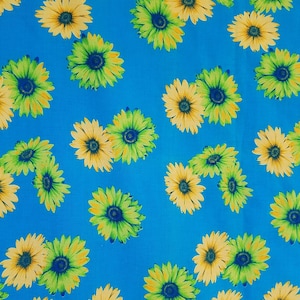 Daisy Floral Fabric Yellow and Green Daises on a Blue Background, 100% Cotton, Home Decor Fabric, Curtain Fabric, Tablecloth Fabric