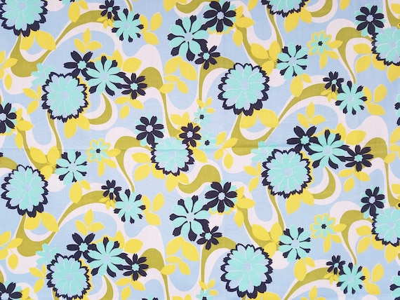 Blue and Black Geometric Print on Bright White Silky Polyester Vintage 1971 Bold Graphic Mod Go Go Fashion Fabric Apparel Fabric Mod Pop