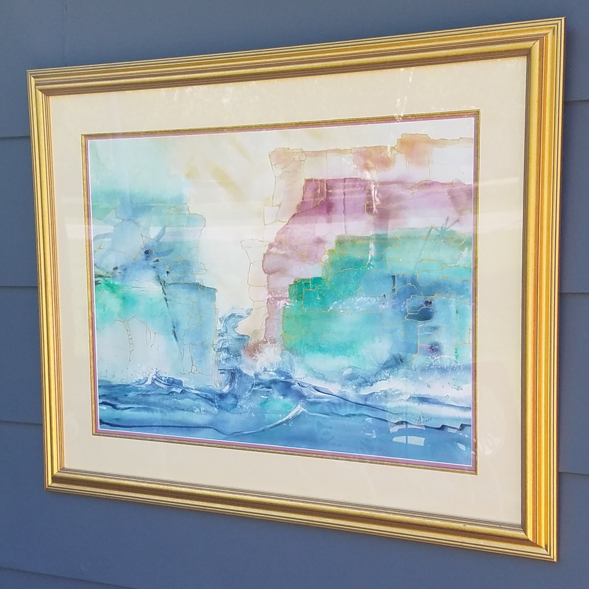 Vintage Contemporary Abstract Minimalist Mixed-Media Painting Ocean/Seaside Cliffs Contemporary Art, c.1980's/90's