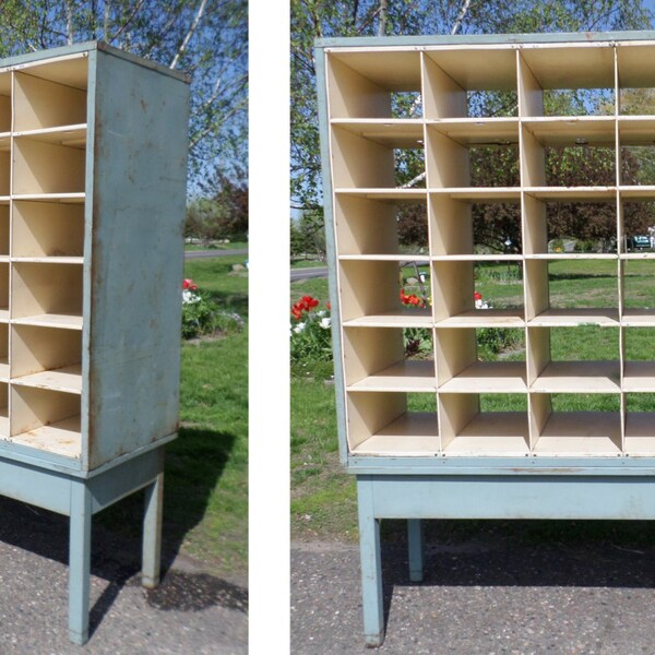 Industrial, Book Case, Room Divider, Storage, Display, Steel, Turquoise, Yellow, Vintage, Post Office, Mail Box, Store Display,