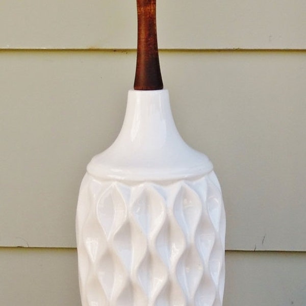 ON SALE Vintage, Danish Modern, White Ceramic, Table Lamp, Mid Century Modern, Wood, Brass, Lamp, Lighting