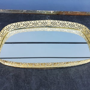 Oval Ormolu Filigree & Flowers Vanity Mirror Tray,  Ornate Floral Pattern, Gold Tone Metal, Vintage, Dresser Mirror