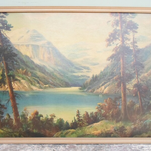 Vintage Framed Yosemite Litho Print, Landscape, Art, Wall Hanging,  #801, Mountains, Lake, Trees, Blue, Green, Brown