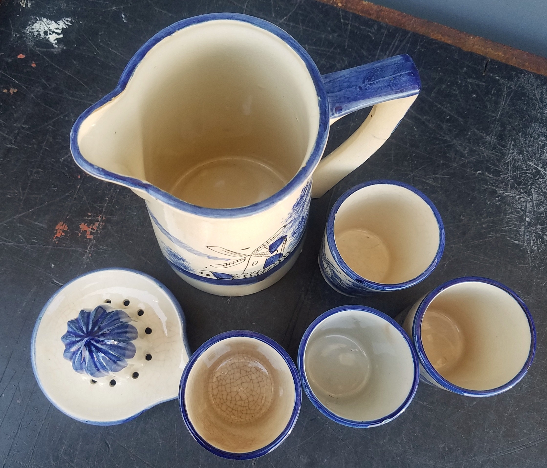 Vintage Blue and White Windmill Juice Set Pitcher Glasses