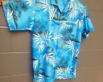 Vintage Hawaiian Shirt, Made by Rima, Tropical Men's Large Casual Shirt Hawaii Short Sleeve Surf Summer, Palm Trees, Island, Blue, Aloha