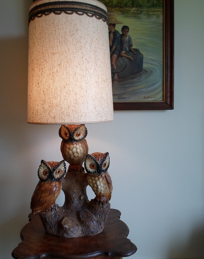Vintage Owl table lamp with shade Very Retro Three owls Etsy
