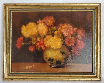 Framed Signed Oil on Board Floral Still Life Painting - Listed Belgium Artist Clemence Biron, Born 1889