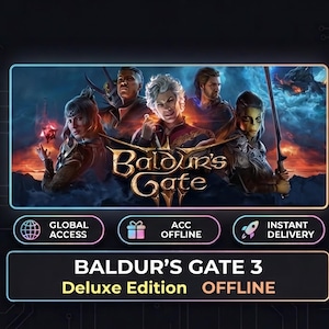 Könnte beinhalten: Eine digitale Werbegrafik für Baldur's Gate 3 Deluxe Edition. Das zentrale Bild zeigt fünf Fantasy-Charaktere vor einem feurigen Hintergrund. Darunter befinden sich Symbole für Global Access, Acc Offline und Instant Delivery mit Text.