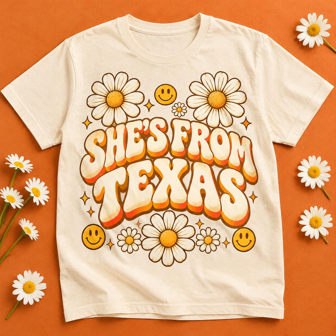 Shes From Texas PNG, Retro Wavy 70s Daisy Smiley Texas Sublimation ...