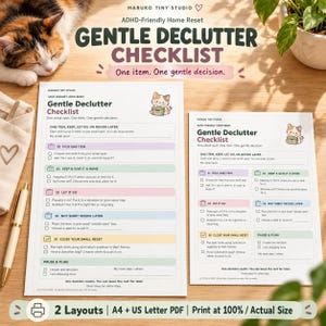 Liste de désencombrement adaptée aux personnes atteintes de TDAH (à imprimer), pour un rangement en douceur, 2 formats (A4 et Lettre US, PDF),