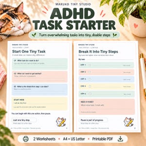 Puede incluir: Dos hojas de trabajo imprimibles para organizar tareas TDAH con secciones de colores pastel para dividir tareas en pasos pequeños. Las páginas incluyen el texto 'ADHD TASK STARTER' y pequeñas ilustraciones de gatos.
