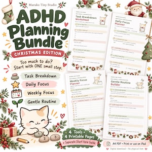 Puede incluir: Un paquete de planificación para TDAH edición navideña con cuatro páginas imprimibles: Task Breakdown Worksheet, Daily Focus Planner, Weekly Focus Planner y Gentle Routine Builder. El diseño incluye un gato, decoraciones festivas y texto.