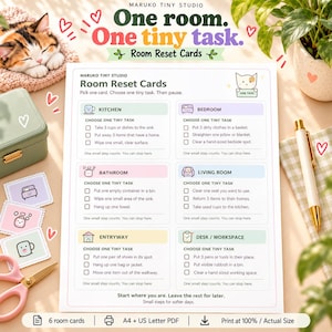 ADHD Cleaning Cards Printable, 6 Room Reset Task Cards, One-Page A4 PDF