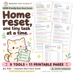 Può includere: Un pacchetto digitale per il riordino della casa adatto all'ADHD con 11 pagine stampabili e 9 strumenti. Il design include un gatto cartoon che tiene una lista, fogli di attività color pastello e il testo Maruko Tiny Studio, Home reset.